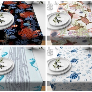 Camino de mesa de tortuga marina/Decoración de mesa de caballito de mar/Mantel de coral/Tablero de mesa náutico/Regalo para su camino de mesa/Material hecho a mano