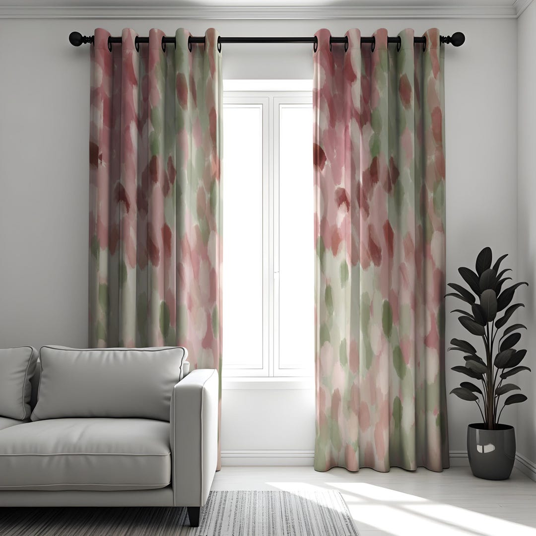 Watercolor Blush Pink & Green Curtains, Soft Brushstroke Drapes, Modern ...