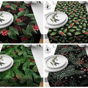 Jullöpare/Gröna blad och röda bärdekor/Grön barrträdsduk i vintertrend/Löpare med gröna blad och röda bär