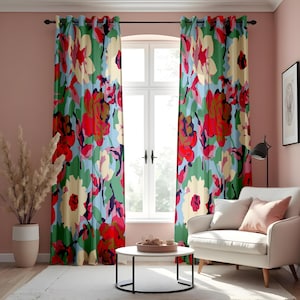 Abstract Watercolor Floral Curtains, Vibrant Multicolor Peony Print Drapes, Modern Artistic Window Treatment, Custom Length Panel Curtains
