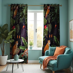 Exotic Jungle Print Curtains, Tropical Animals & Birds Drapes, Parrot and Leopard Window Treatments, Safari Living Room Decor