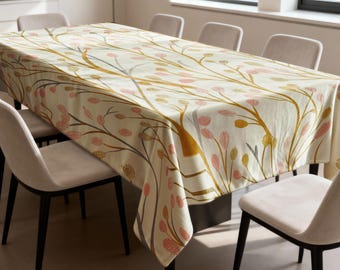 Cream Botanical Tablecloth, Minimal Floral Dining Table Cover, Neutral Printed Table Linen for Kitchen Home Decor