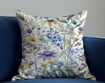 Wildflower Cushion Cover, Botanical Floral Pillow Case, Pastel Meadow Throw Cushion Case, Cottage Style Sofa Decor