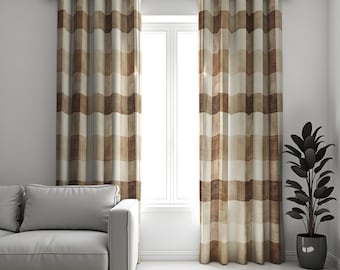 Neutral Brown Check Curtains, Rustic Farmhouse Drapes, Made to Measure Window Panels with Earth Tone Plaid for Living Room or Bedroom