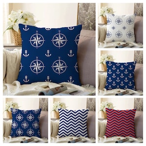 Sea Life Cushion Cover|Nautical Pillow Case|Navy Blue, Red Anchor Cushion|Marine style home, garden decoration|Beach Pattern Cushion Cover