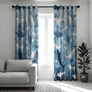 Shark Pattern Curtain, Ocean Inspired Home Decor, Blue & White Sea Life Print Drape, Nautical Theme Window Treatment