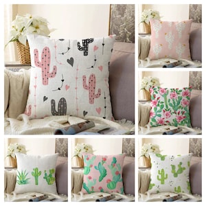 Floral Cactus Cushion Cover, Pink Green Cactus Pillow Cover, Succulent Plant Pillow Case, Green Tree Throw Pillow Case, New Home Decor