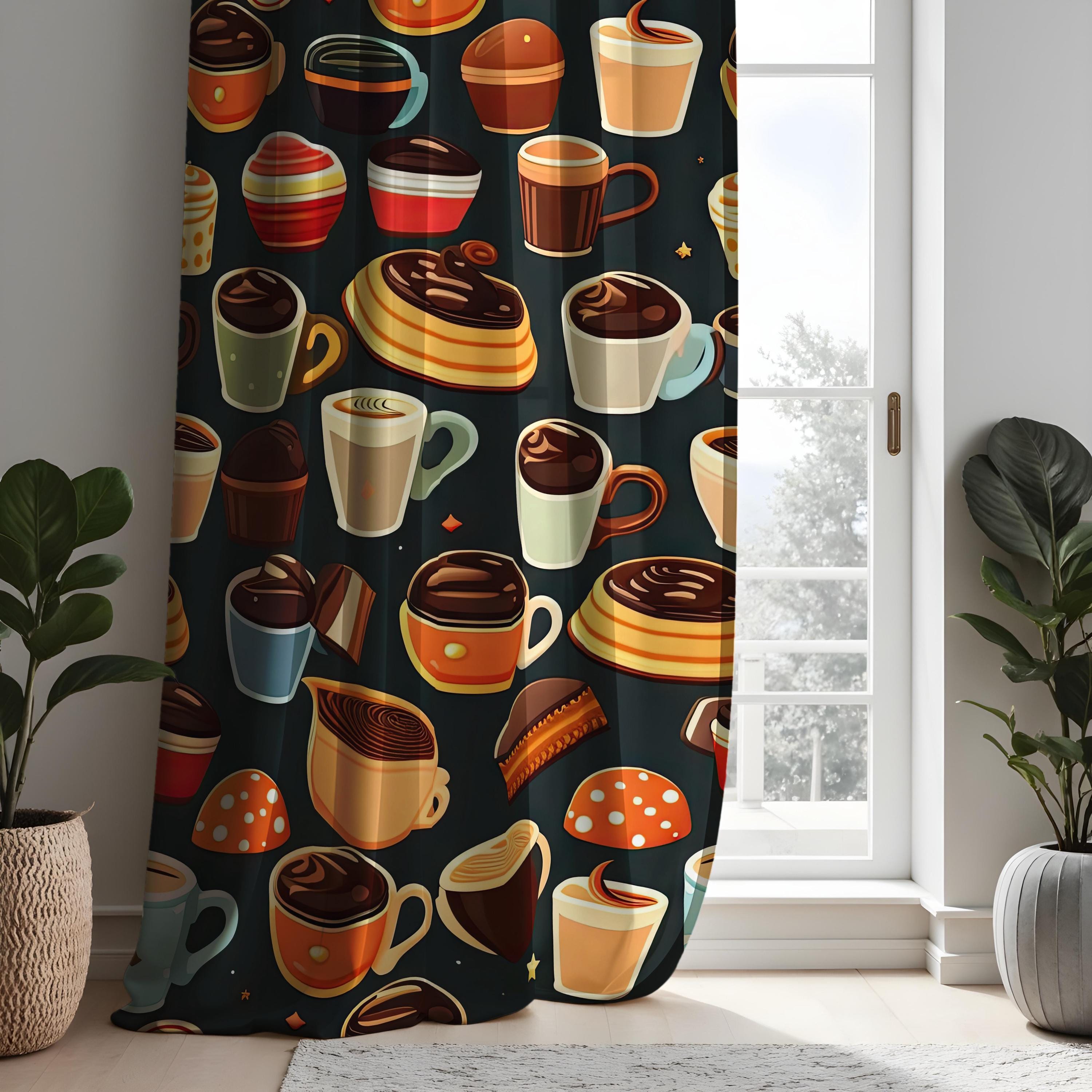 Tenda Decorativa 2 Pannelli - Stile Vintage Con Gnomi E Tazze Da Caffè - Motivo Scozzese Marrone - 104x114 Cm - Tasca Per Asta - Per Cucina E Bar