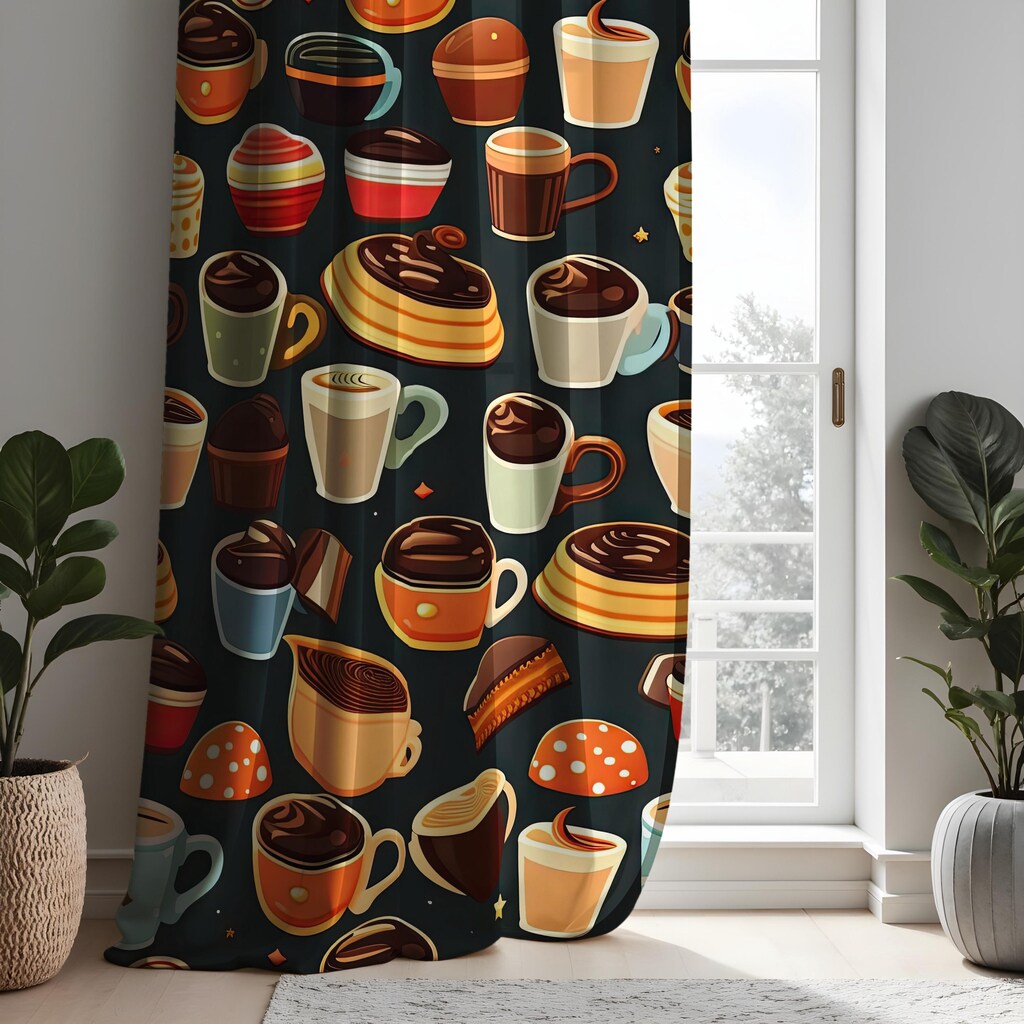 Tenda Decorativa 2 Pannelli - Stile Vintage Con Gnomi E Tazze Da Caffè - Motivo Scozzese Marrone - 104x114 Cm - Tasca Per Asta - Per Cucina E Bar