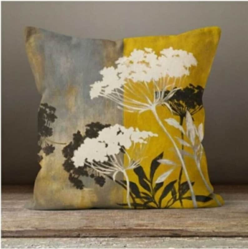 Gold Bird Cushion CoverFlower yellow grey pillow caseMustard Modern leaves Cushion caseGarden throw pillow coverGift for her image 10