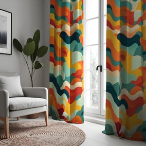 Colorful Abstract Wave Curtain, Bold Orange, Yellow, Blue & Green Drape, Retro Geometric Window Treatment, Custom Size Available