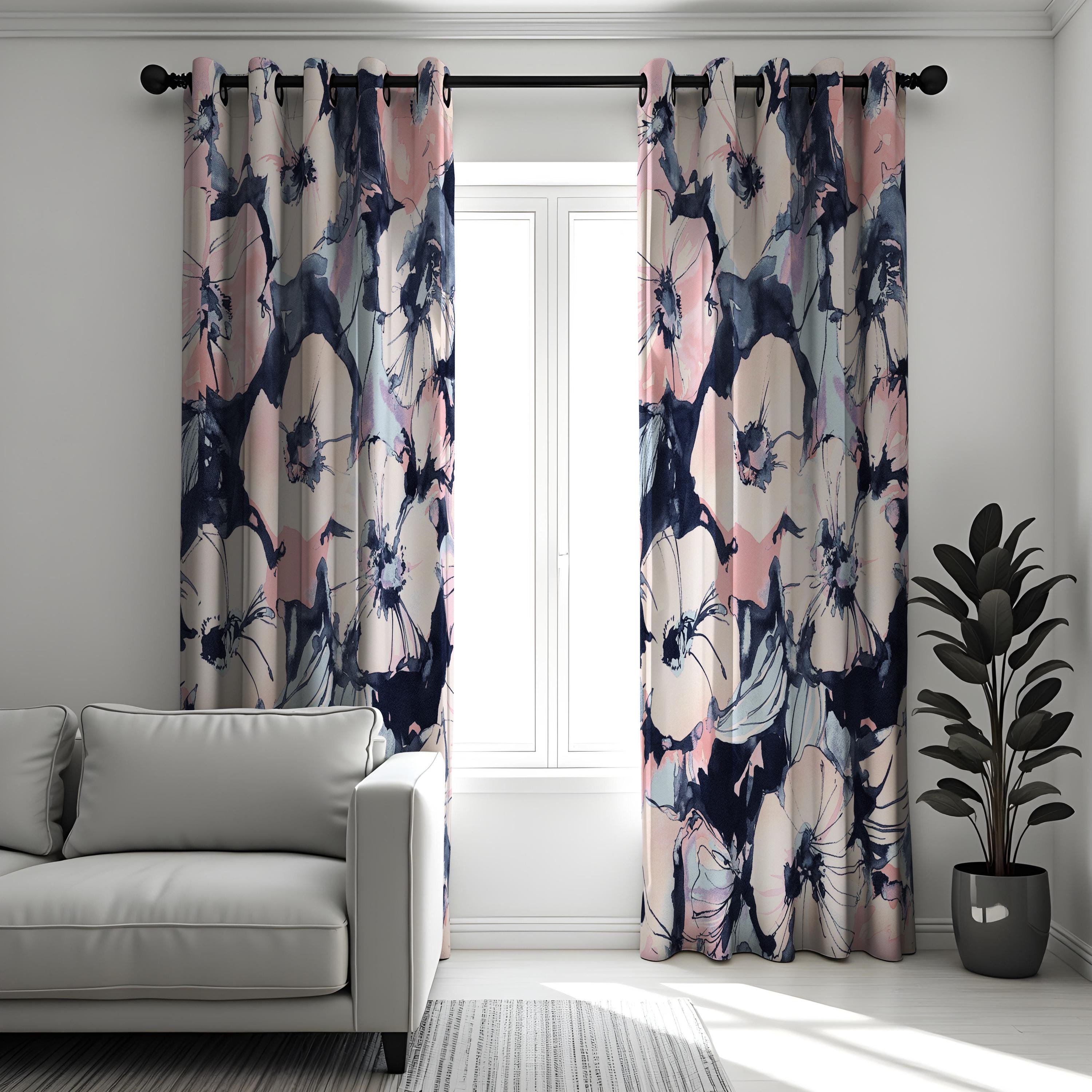 Watercolor Floral Curtains, Pink & Navy Blue Window Drapes, Modern