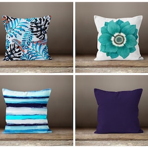 Floral cushion cover/Modern blue pillow case/Housewarming gift/Garden cushion cover/Striped cushions cover/Leaf decorated pillowcase