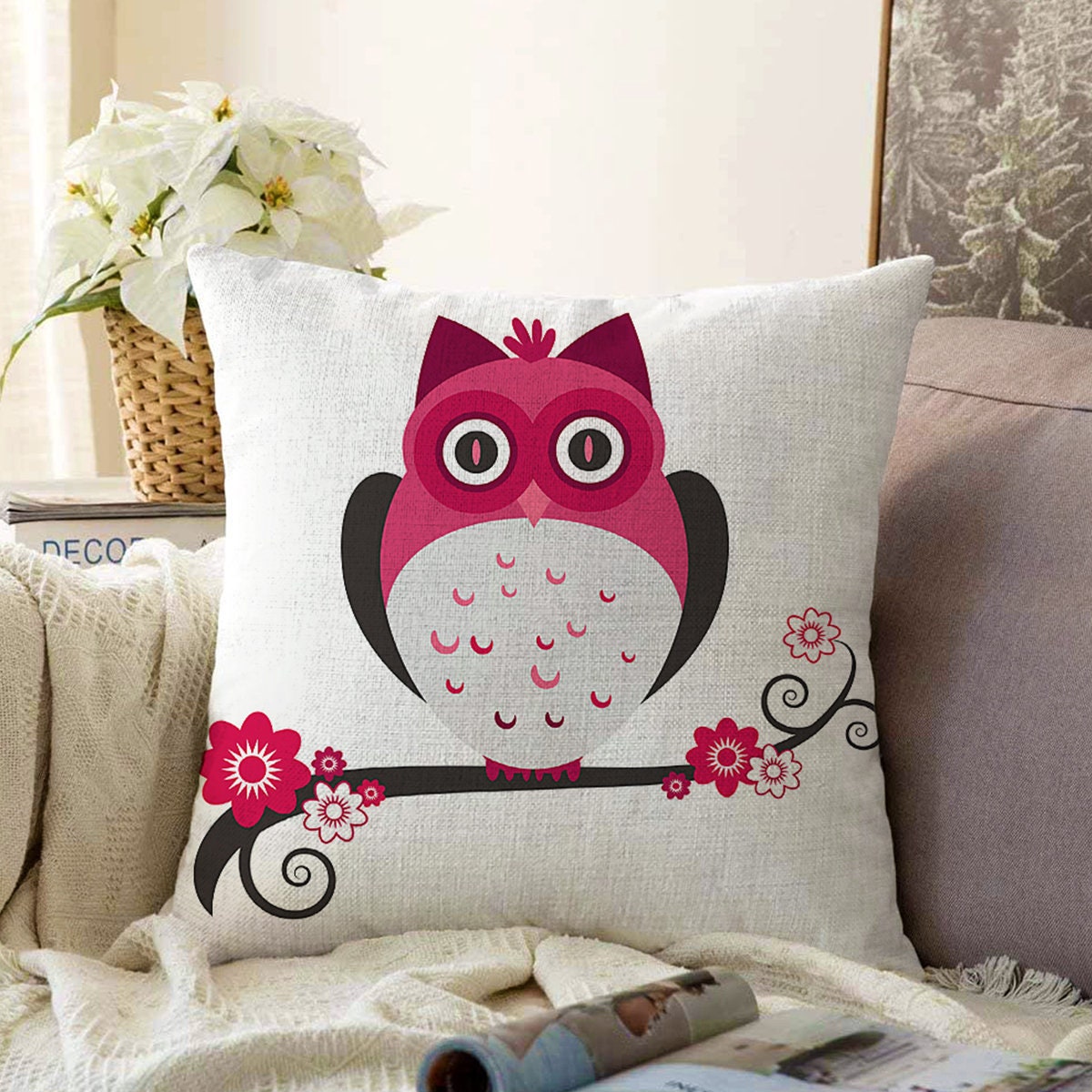 Owl Embroidered Throw Pillow Case 45x45cm - White & Gold Decorative Cushion Cover, Home Decor