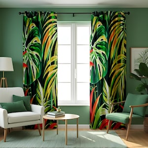 Tropical Leaf Curtains, Jungle Monstera and Palm Print Drapes, Bold Made to Measure Panels for Exotic Living Room or Summer Home Decor