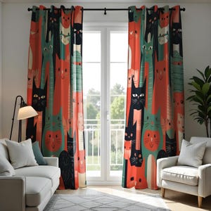 Cortina con divertido diseño de gato, diseño colorido de gato de dibujos animados en rojo, verde y negro, tratamiento de ventana caprichoso, tamaño personalizado disponible, hecho a pedido