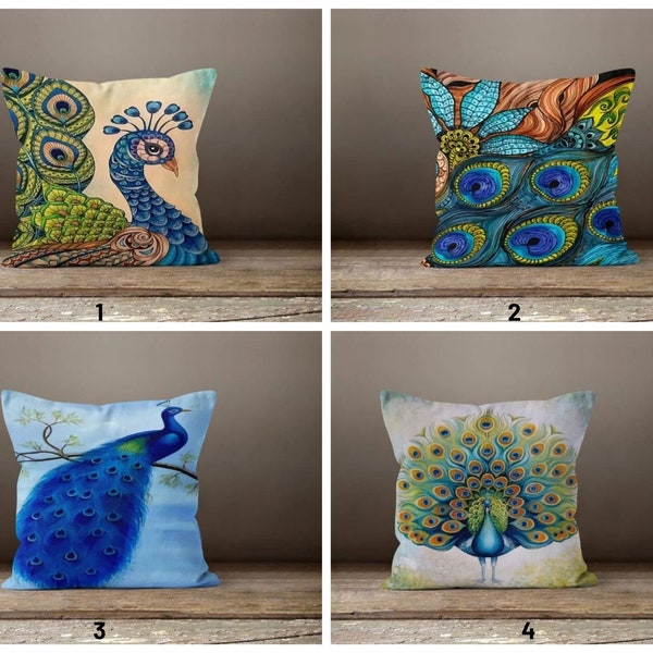 Blue & Green Peacock Cushion Case/Decorative Pillow Covers/Animal Print Pillow/Farmhouse Decor/Gift Ideas/Peacock Feather Throw Pillow