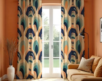 レトロなアーチカーテン、ミッドセンチュリーモダンティールベージュ