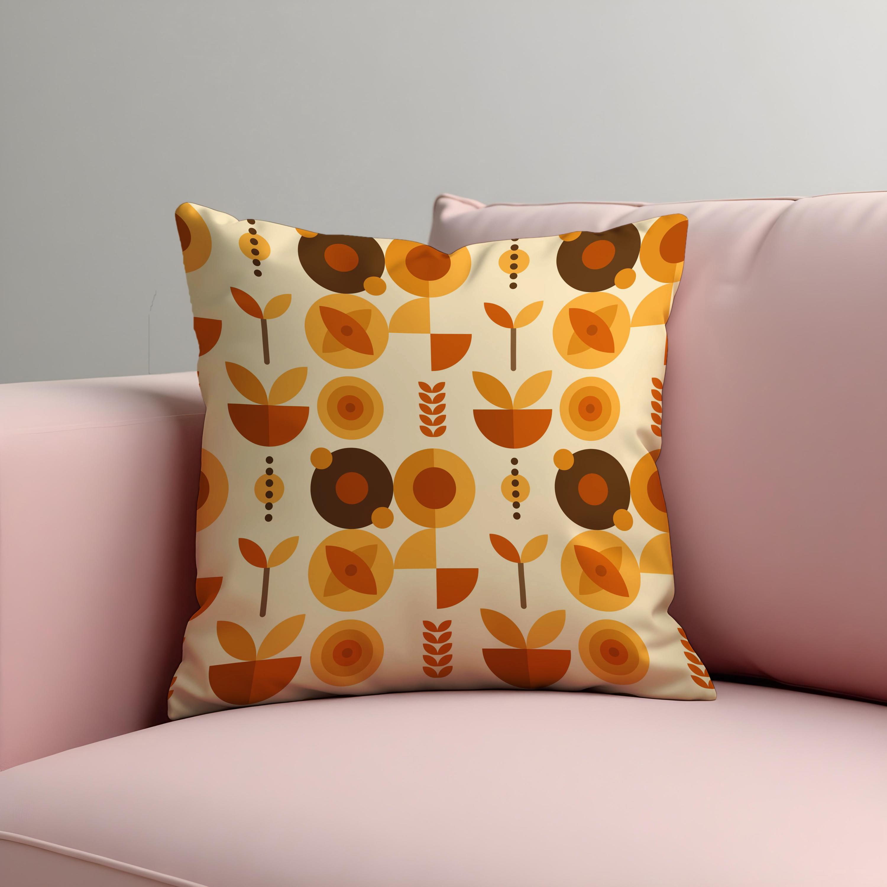 クッションカバー vintage cusion cover ,075 Mid Century Modern Floral Cushion Cover, Orange & Mustard Retro