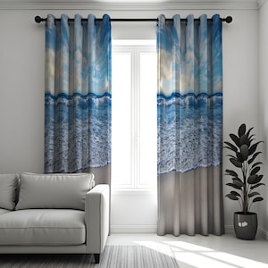 Ocean Beach Curtains, Coastal Seascape Drapes, Scenic Blue Waves & Sky Window Treatment, Living Room or Bedroom Curtain Panels