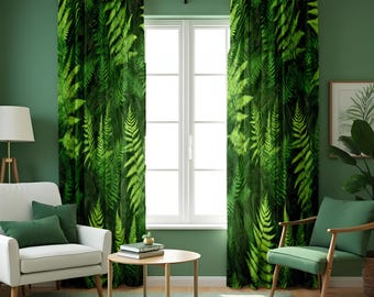 Grüne Farnblatt-Mustervorhänge, von der botanischen Natur inspirierte Vorhänge, frische und üppige Fensterbehandlungen, Tropen und Wälder auf Bestellung gefertigte Vorhänge