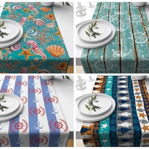 Camino de mesa náutico/Mantel con estampado de conchas y estrellas de mar/Mantel con estampado de ancla/Camino de casa de playa/Tablero de mesa con ancla azul y blanco