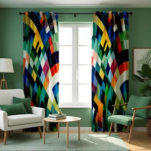 Colorful Geometric Curtains, Abstract Rainbow Pattern Window Drapes for Living Room or Bedroom, Bold Modern Home Decor