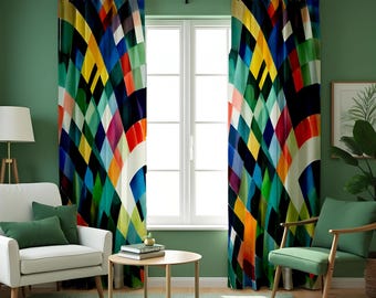 Colorful Geometric Curtains, Abstract Rainbow Pattern Window Drapes for Living Room or Bedroom, Bold Modern Home Decor