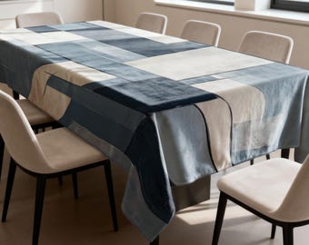 Blue Grey Checkered Tablecloth, Modern Minimal Dining Table Cover, Soft Printed Table Linen for Kitchen Home Decor