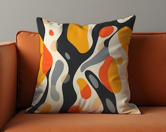 Abstract Cushion Cover in Orange, Black & Grey, Modern Art Throw Pillowcase, Geometric Decorative Cushion Case for Sofa, Living Room Decor
