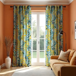 Abstract Geometric Curtains, Yellow & Teal Artistic Brushstroke Pattern Drapes, Modern Bold Window Treatment, Custom Length Panel Curtains