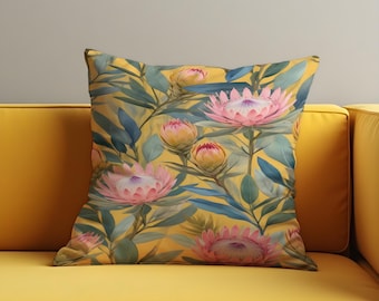 Yellow Floral Cushion Cover, Pink Protea Pillow Case, Botanical Throw Cushion Case, Bold Sofa Home Decor