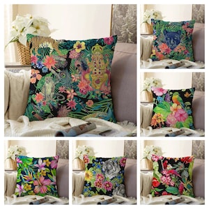 Jungle Cushion Cover|Tiger Pillow Case|Tropical Home Decoration|Colourful Cushion Cover|Forest Pattern Living Room Decor|Bird Pillow Case