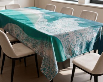 Teal Ornamental Tablecloth, Decorative Border Dining Table Cover, Printed Table Linen for Kitchen & Dining Room