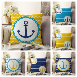 Nautical Cushion Cover|Anchor Pillow Case|Marine Navy Blue Living Room Decoration|Coastal, Beach Yellow Cushion Cover|Sea pattern Pillow