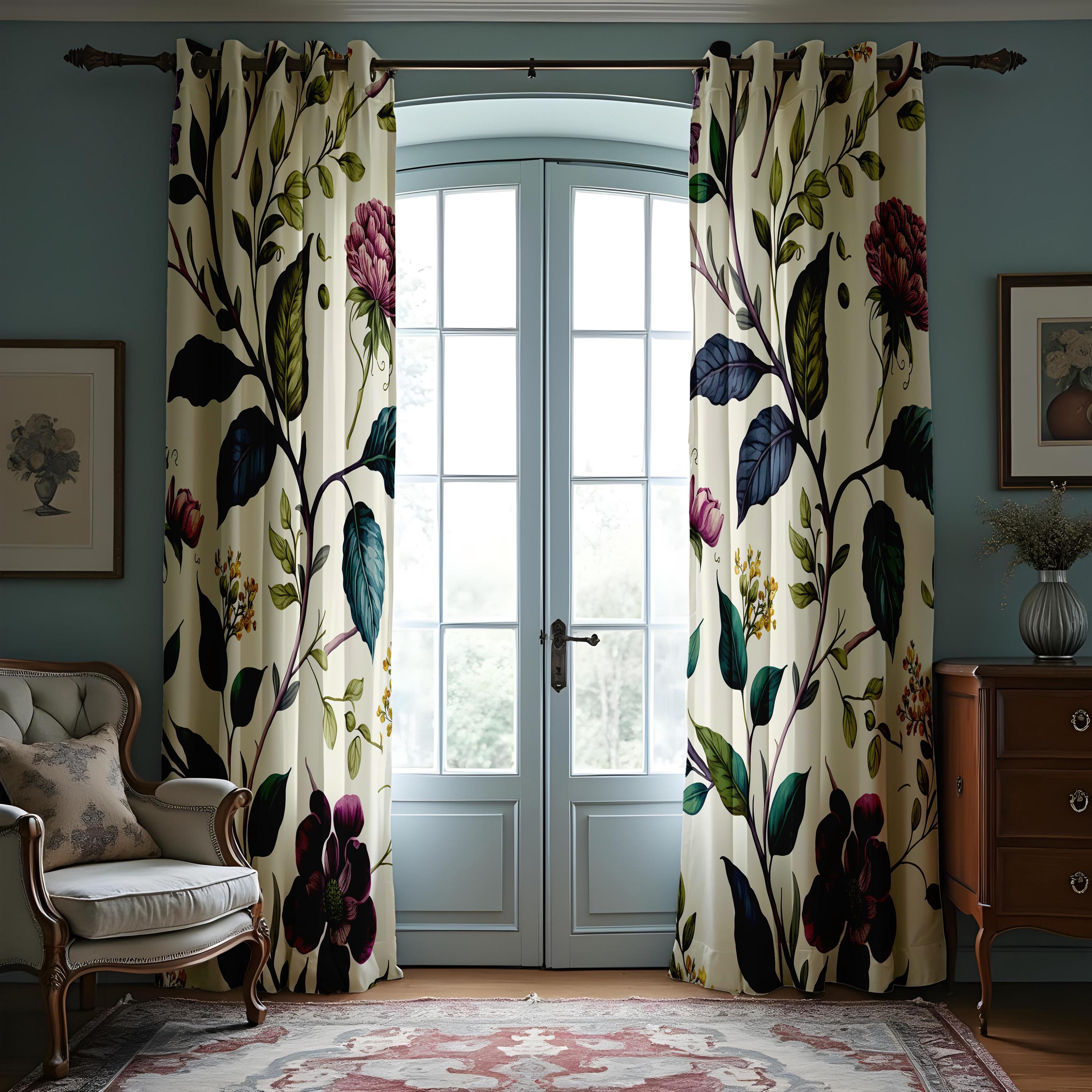 Floral Print Curtains, Botanical Flower Window Treatments, Spring Theme