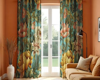 May include: A pair of teal blue curtains with a floral pattern featuring yellow, orange, and pink flowers. The curtains are hung on a window with a white frame and are drawn back to reveal a view of a green lawn.