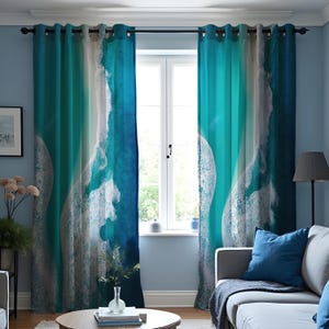 Ocean Wave Abstract Curtain, Beautiful Teal & Blue Water Design, Coastal Inspired Window Treatment, Custom Size Available, Made to Order