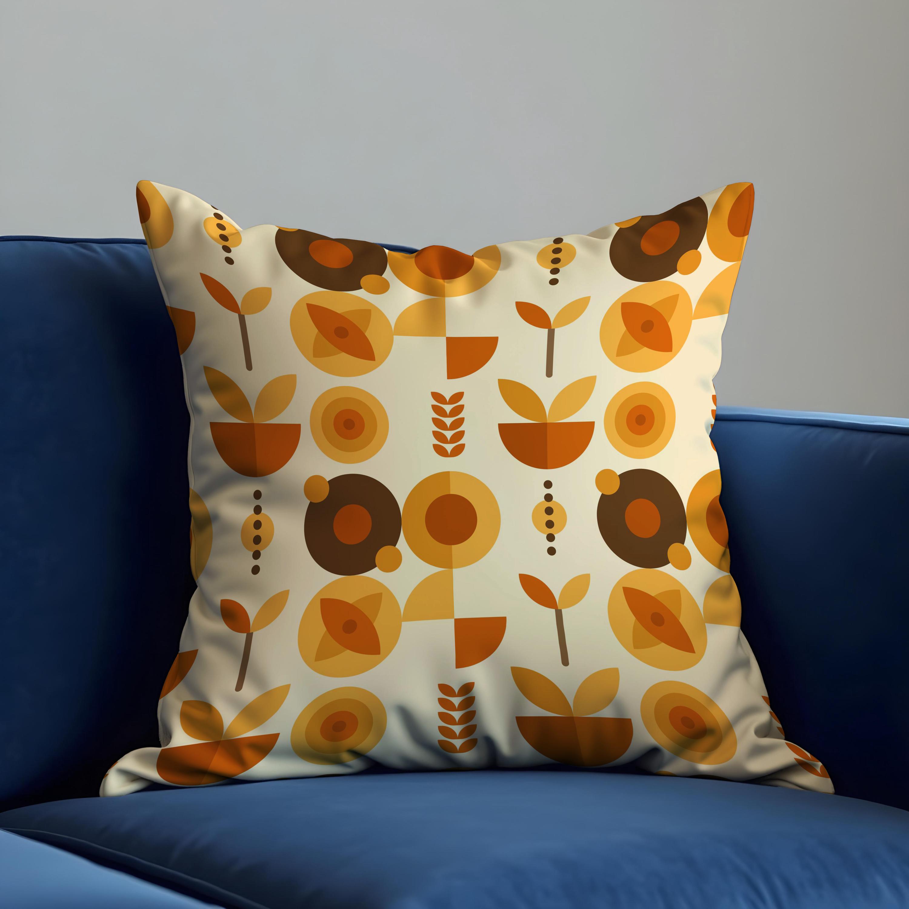 Mid Century Modern Floral Cushion Cover, Orange & Mustard Retro