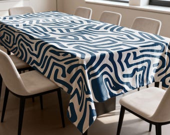 Modern Geometric Tablecloth, Navy Maze Pattern Table Cover, Soft Velvet Fabric Dining Room Decor