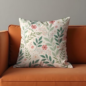 Floral Cushion Cover, Delicate Green Leaves & Pink Flowers Pillow Case, Botanical Throw Pillow Cover, Cottagecore or Spring Decor