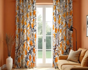 Rideaux fleuris orange, rideaux à imprimé botanique automne, panneaux de fenêtre à motif de feuilles orange brûlé et jaune moutarde