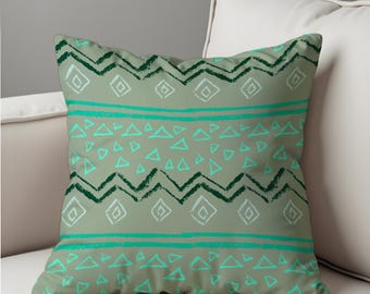 Geometrischer Stammes- Kissenbezug, Kissenbezug mit salbeigrünem und petrolfarbenem Muster, Boho-Kissenbezug, ethnisches & rustikales Wohndekor