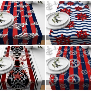 Nautical red table runner|Fish table decor|Coastal anchor table cloth|Marine table top|Gift for her table runner|Handmade material