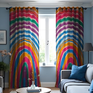 Rainbow Striped Curtains, Colorful Boho Window Panels, Bright Modern Living Room Drapes, Bold Abstract Paint Stroke Curtain Decor
