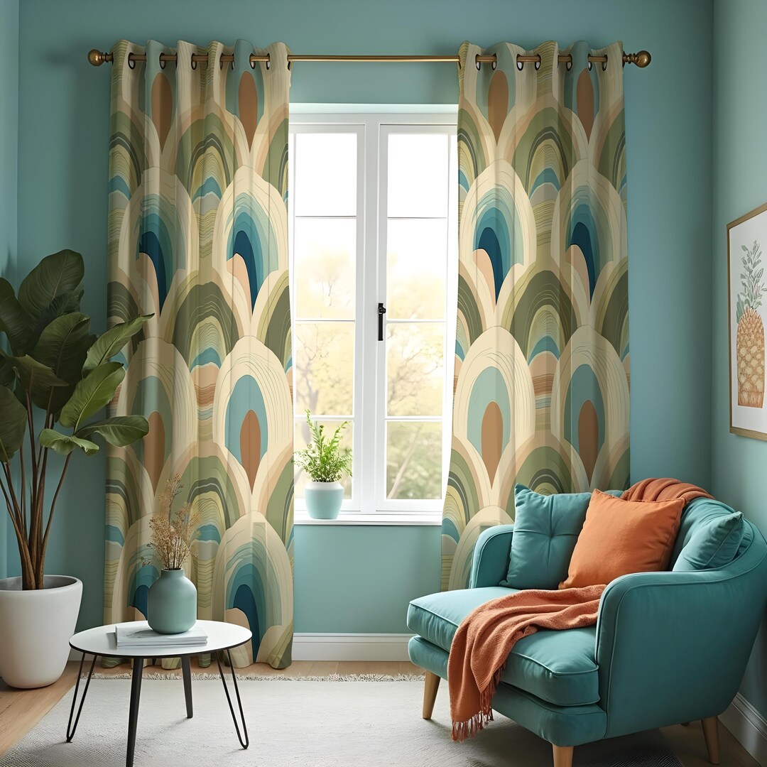 レトロなアーチカーテン、ミッドセンチュリーモダンティールベージュ