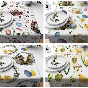 May include: Four different Easter table runner designs. The first design features a white background with watercolour illustrations of nests, eggs, and flowers. The second design features a white background with watercolour illustrations of bunnies, chicks, and eggs. The third design features a white background with watercolour illustrations of bunnies, chicks, and floral wreaths. The fourth design features a white background with watercolour illustrations of chicks, hearts, and the word "Easter" repeated.