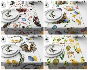 Camino de mesa de Pascua, huevos pintados de primavera, camino de mesa de Pascua, mantel de conejo, regalo de Pascua, decoración colorida de Pascua para la cocina.