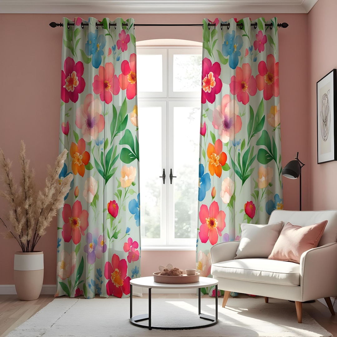 Spring Color Drape Bright Watercolor Floral Curtains, Colorful Spring Garden Pattern ...
