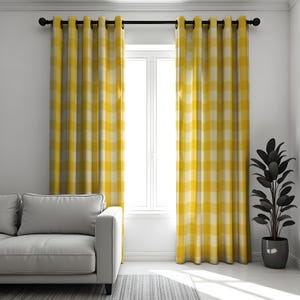 Yellow Gingham Check Curtains, Farmhouse Style Window Panels, Custom Made Bright Country Drapes for Kitchen, Living Room or Nursery